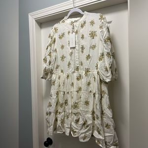 Whimsical, cream w/floral midi dress, 3/4 length sleeve. Lined. Buttons
